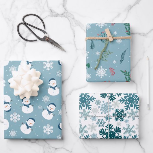 ライトブルーと白かわいい冬の雪 ラッピングペーパーシート (正面)
