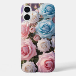 ライトブルーと白とピンクのバラ  iPhone 16 PLUSケース