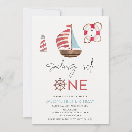ライトブルーと赤航海の帆船1st誕生日 招待状 (正面)
