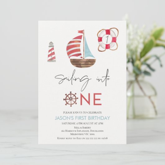 ライトブルーと赤航海の帆船1st誕生日 招待状 (スタンド正面)