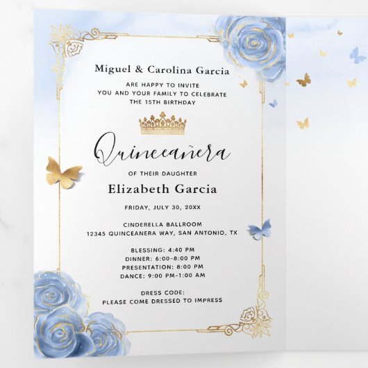 ライトブルーと金ゴールドエレガントスペインのフォトカリン 三つ折り招待状 (内部最初)