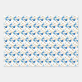 ライトブルーと金ゴールドカラーの手絵を描形 ラッピングペーパーシート