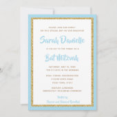 ライトブルーと金ゴールドグリッター長方形バルミツワー 招待状 (正面)