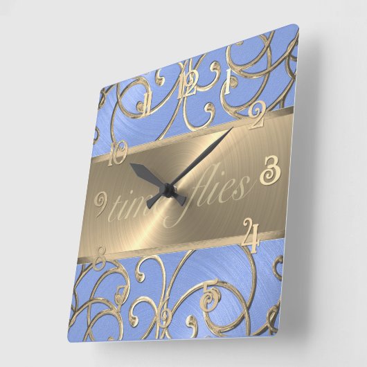 ライトブルーと金ゴールドタイムフライ時計 スクエア壁時計 (傾斜)