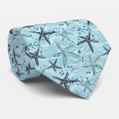 ライトブルーと金ゴールドヒトデの海波パターン ネクタイ (ロール)
