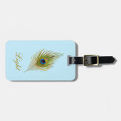 ライトブルーにピーコックの羽とカリグラフィー ラゲッジタグ (正面横)