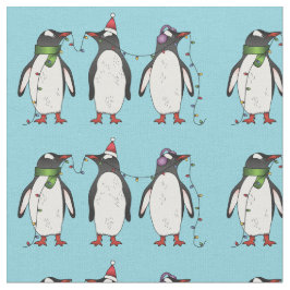 ライトブルーにフェスティバルのクリスマスペンギン3羽 ファブリック
