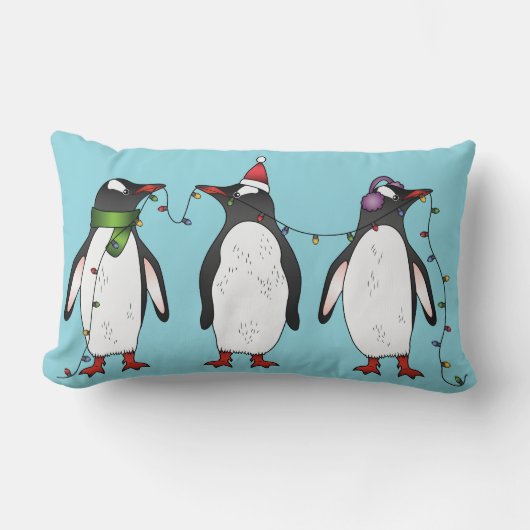 ライトブルーにフェスティバルのクリスマスペンギン3羽 ランバークッション (正面)