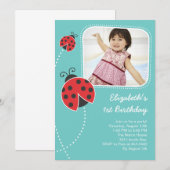 ライトブルーのてんとう虫の誕生日招待状 招待状 (正面/裏面)