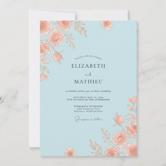 ライトブルーのエレガントな薔薇の結婚式 招待状 (正面)