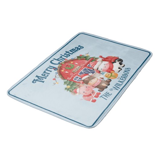 ライトブルーのキュートなクリスマスファーム動物たち バスマット (アングル)