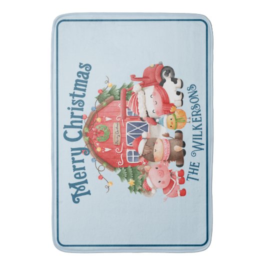 ライトブルーのキュートなクリスマスファーム動物たち バスマット (正面縦)