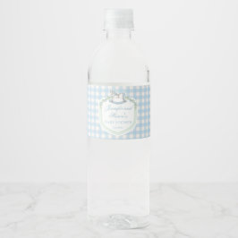 ライトブルーのギンガムチェックの馬のクレスト ベビー ボーイ シャワー ペットボトルラベル