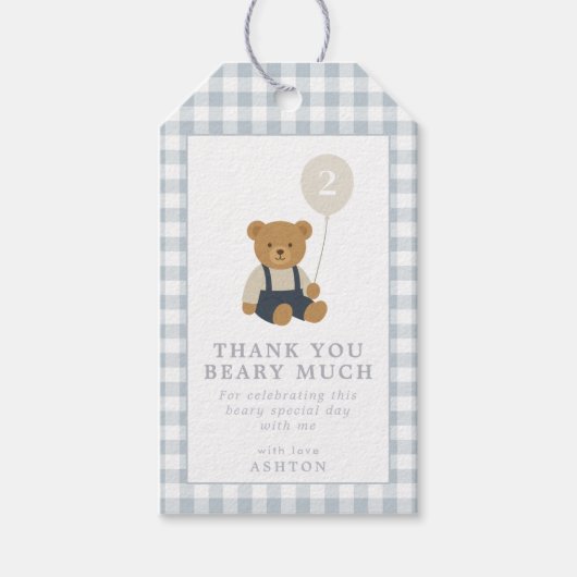 ライトブルーのギンガムテディベアの誕生日ギフトタグ ギフトタグ (正面)