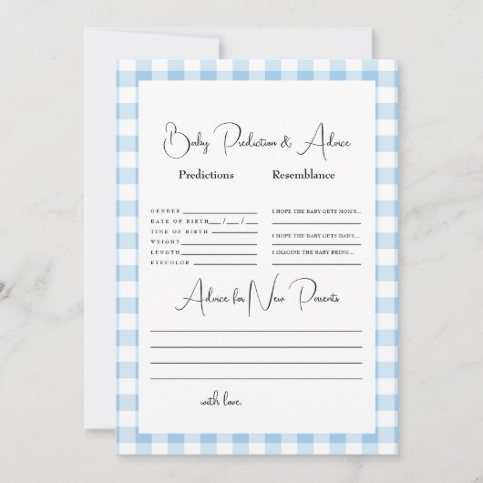 ライトブルーのギンガム ベイビー予想 招待状 (正面)