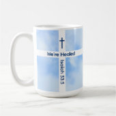 ライトブルーのクリスチャン十字聖書聖句ヒーリング コーヒーマグカップ (左)