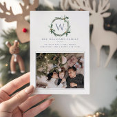 ライトブルーのクリスマスベリーのリース ホリーモノグラム シーズンカード