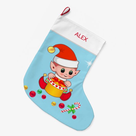 ライトブルーのクリスマスボールを使用したクリスマス小妖精や小人 ラージクリスマスストッキング (正面 (吊り時))