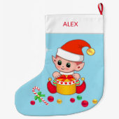 ライトブルーのクリスマスボールを使用したクリスマス小妖精や小人 ラージクリスマスストッキング (裏面)