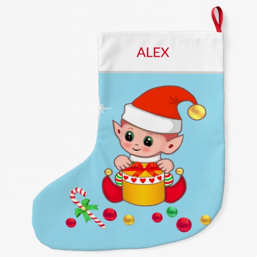 ライトブルーのクリスマスボールを使用したクリスマス小妖精や小人 ラージクリスマスストッキング (裏面)