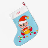 ライトブルーのクリスマスボールを使用したクリスマス小妖精や小人 ラージクリスマスストッキング (裏面 (吊り時))