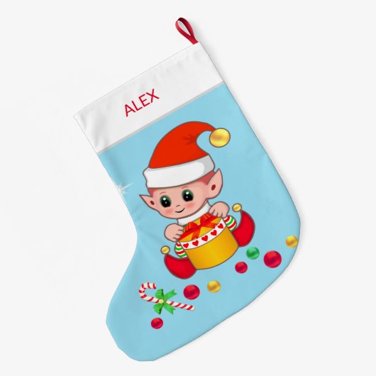 ライトブルーのクリスマスボールを使用したクリスマス小妖精や小人 ラージクリスマスストッキング (裏面 (吊り時))