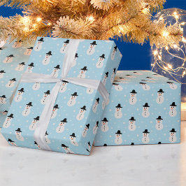 ライトブルーのクリスマス雪だるまパターン ラッピングペーパー