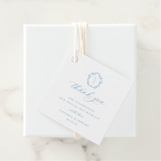 ライトブルーのクレストモノグラム ウェディング サンクス フェイバータグ (インサイチュ)