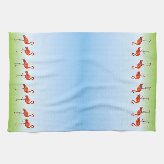 ライトブルーのグラデーションの美しいピンクのフラミンゴ キッチンタオル (横)