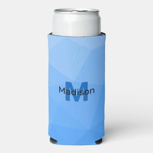 ライトブルーのグラデーションジオメトリメッシュパターンモノグラム スリム缶クーラー (Seltzer正面)