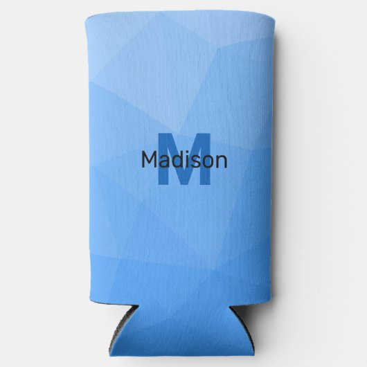 ライトブルーのグラデーションジオメトリメッシュパターンモノグラム スリム缶クーラー (正面)