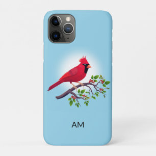 ライトブルーのケースにレッドカーディナルバードとモノグラム M iPhone 11 PROケース