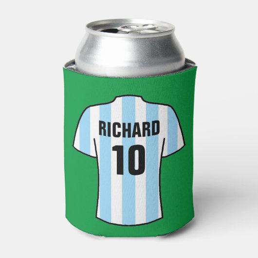 ライトブルーのサッカーシャツインストライプクーラーボックス 缶クーラー (缶正面)