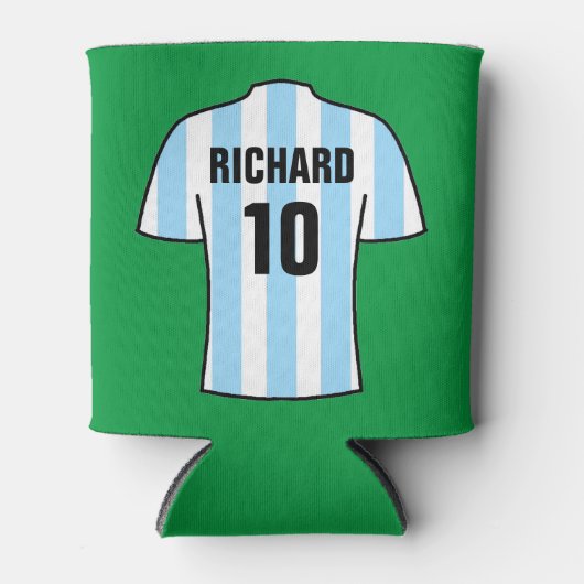 ライトブルーのサッカーシャツインストライプクーラーボックス 缶クーラー (正面)