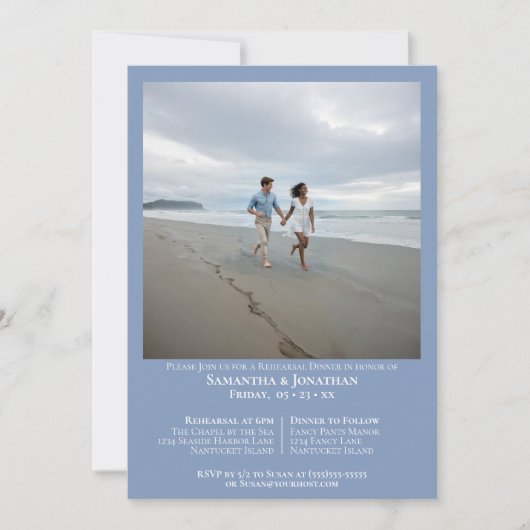ライトブルーのシンプルな写真付き結婚式リハーサルディナー 招待状 (正面)