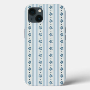 ライトブルーのストライプとフラワー iPhone 13ケース