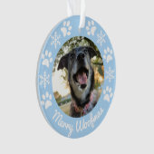 ライトブルーのスノーフレークとポーズドッグの写真クリスマス オーナメント (正面)