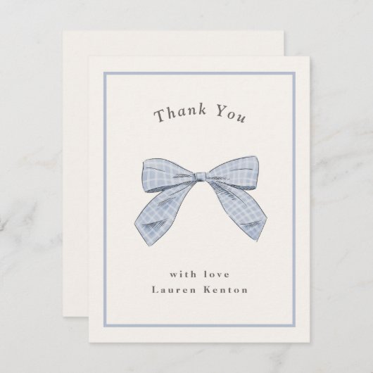 ライトブルーのチェック柄リボン おしゃれなベビーシャワー サンキューカード (正面/裏面)