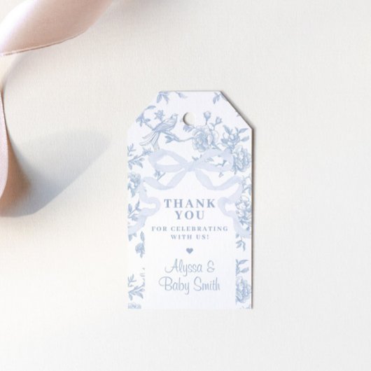 ライトブルーのトイルとバウの赤ちゃんシャワーのお願い ギフトタグ