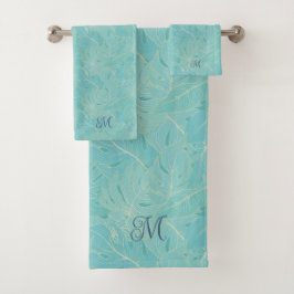 ライトブルーのトロピカルパーム葉のパターン バスタオルセット