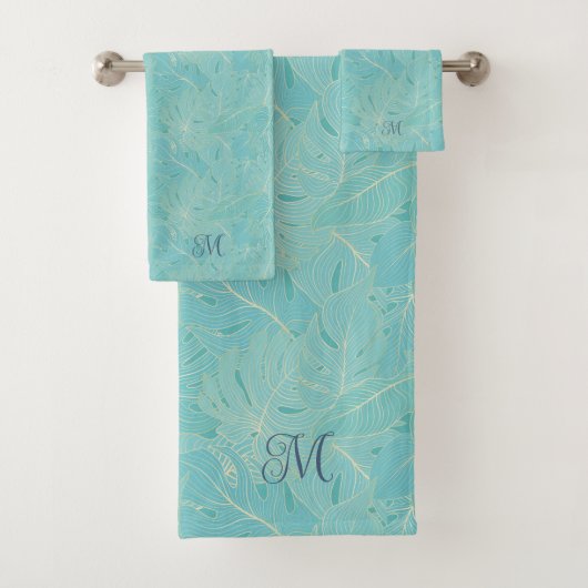 ライトブルーのトロピカルパーム葉のパターン バスタオルセット (インサイチュ)