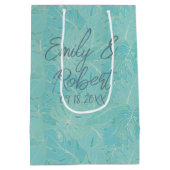 ライトブルーのトロピカルパーム葉のパターン ミディアムペーパーバッグ (裏面)
