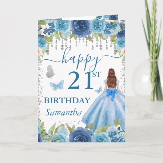 ライトブルーのドレスを着た赤毛のプリンセスの誕生日 カード (正面)