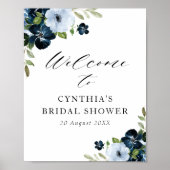 ライトブルーのネイビーブルーの花のウェディングシャワーのウェルカムサイン ポスター (正面)