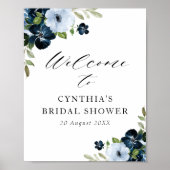 ライトブルーのネイビーブルーの花のウェルカムサイン ブライダルシャワー ポスター (正面)