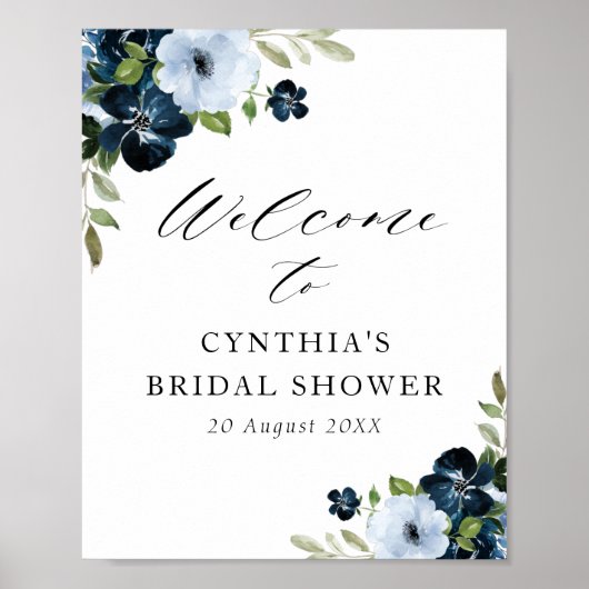 ライトブルーのネイビーブルーの花のブライダルシャワーのウェルカムサイン ポスター (正面)
