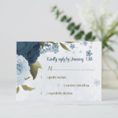 ライトブルーのネイビーブルーの花ボタニ結婚ーズ 出欠カード (スタンド正面)