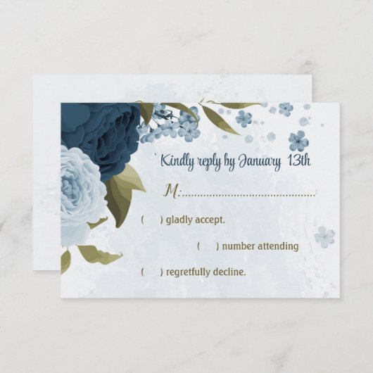 ライトブルーのネイビーブルーの花ボタニ結婚ーズ 出欠カード (正面/裏面)