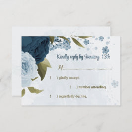 ライトブルーのネイビーブルーの花ボタニ結婚ーズ 出欠カード