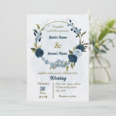 ライトブルーのネイビーブルーの花ボタニ結婚ーズ 招待状 (スタンド正面)